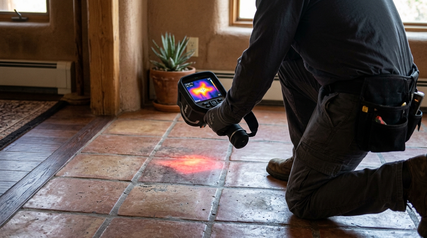 Thermal imaging inspection locating hot water pipe leak beneath concrete floor